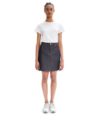 A.P.C. Women's Denim Skirts - Model wearing white t-shirt and denim skirt
