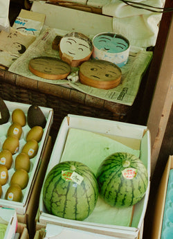 Watermelon and kiwis in a Japanese fruit stand