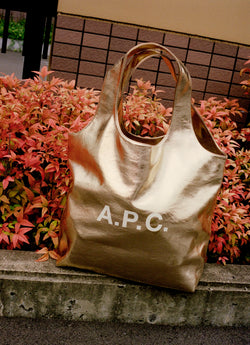Metallic gold ninon tote bag on ledge