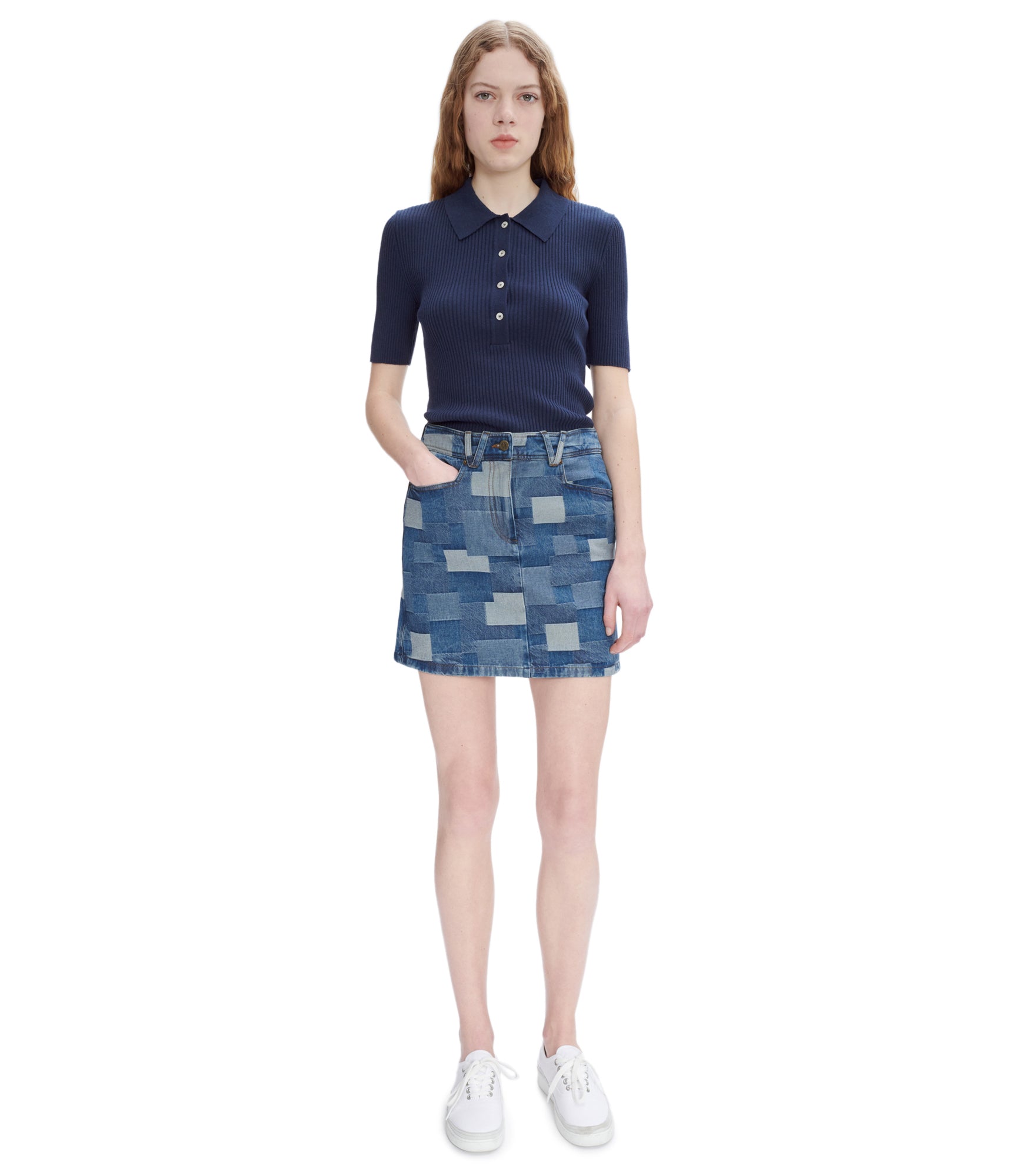 Mary-Jane skirt | Stonewashed indigo denim with patchwork