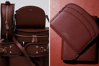 A.P.C. Gifts - Stack of brown Demi Lune bags on the left and brown cardholders on the right.