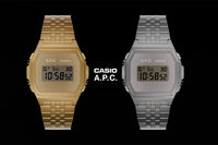 2 casio watches side by side with "Casio A.P.C." logo between them