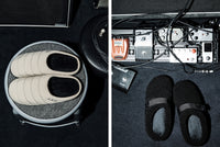 A.P.C. SUBU - Beige and black winter sandals at recording studio.