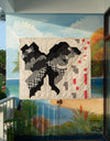 A.P.C. Quilts - a quilt in midair against a mural of a beach