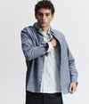 A.P.C. Men's Spring Edit - man model wearing multiple shirts with hand reaching inside toward shoulder