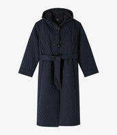 A.P.C. Women Coats - Blue quilted long coat with hood.